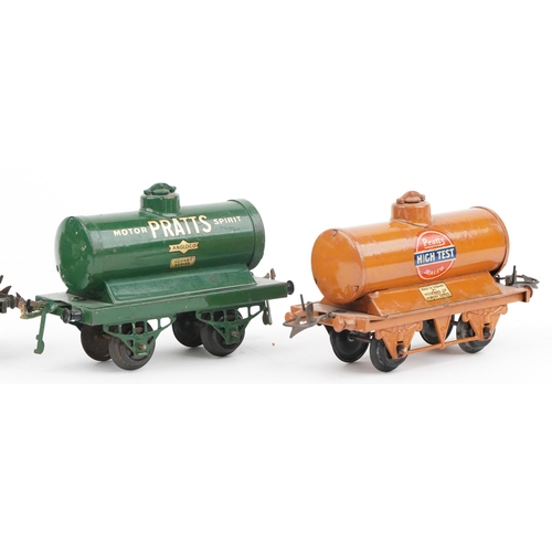 1411 - Four Hornby O gauge tinplate model railway advertising tankers comprising Pratt's Motor Spirit, Roya... 