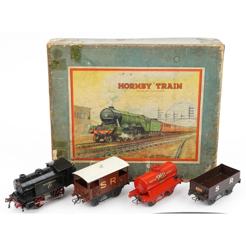 1403 - Hornby O gauge tinplate model railway clockwork No 1 tank goods set with box no TS409