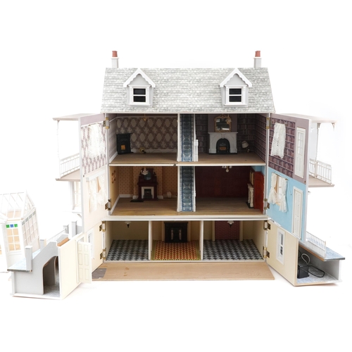 1399A - Large Georgian style hand built wooden doll's house with some fittings and electric wiring, 97cm hig... 