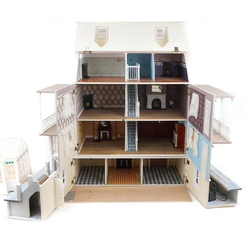 1399A - Large Georgian style hand built wooden doll's house with some fittings and electric wiring, 97cm hig... 