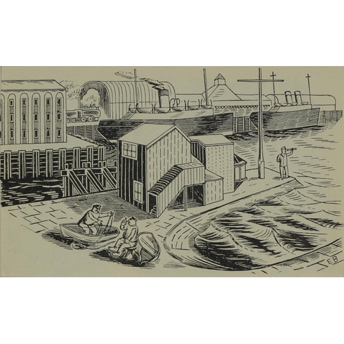 150 - Edward Bawden - Industrial port scene with figures, lithographic print, various inscriptions verso i... 