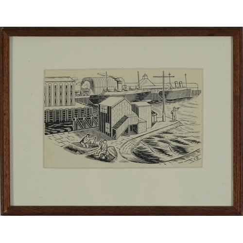 150 - Edward Bawden - Industrial port scene with figures, lithographic print, various inscriptions verso i... 