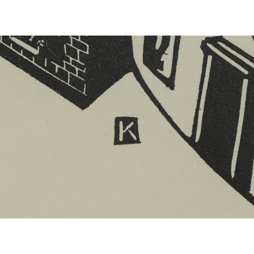 1283 - William Kermode - Abstract composition, figures and record players, direct linoleum cut for advertis... 