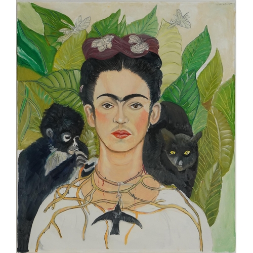 170 - Clive Fredriksson, in the manner of Frida Kahlo - Portrait with monkey and cat, oil, mounted, framed... 