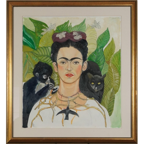 170 - Clive Fredriksson, in the manner of Frida Kahlo - Portrait with monkey and cat, oil, mounted, framed... 