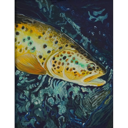 451 - Clive Fredriksson - Study of a brown trout, oil on board, framed, 38cm x 29cm excluding the mount an... 