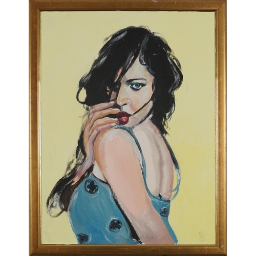 1313 - Clive Fredriksson - Portrait of a female wearing a blue dress, oil on board, framed, 60cm x 45cm exc... 