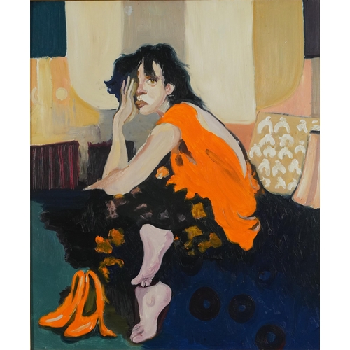 664 - Clive Fredriksson - Female in an interior, oil on board, framed, 55cm x 45.5cm excluding the frame