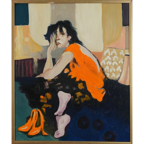 664 - Clive Fredriksson - Female in an interior, oil on board, framed, 55cm x 45.5cm excluding the frame