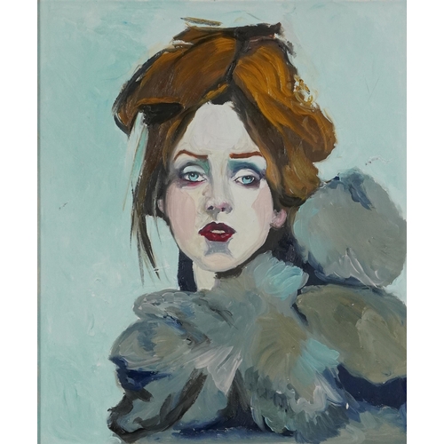 382 - Clive Fredriksson - Portrait of a female wearing a feather boa, oil on board, mounted and framed, 58... 