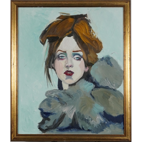 382 - Clive Fredriksson - Portrait of a female wearing a feather boa, oil on board, mounted and framed, 58... 