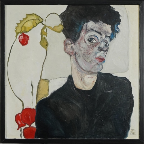 219 - Clive Fredriksson, in the manner of Egon Schiele - Portrait with Chinese lantern, oil on board, fram... 