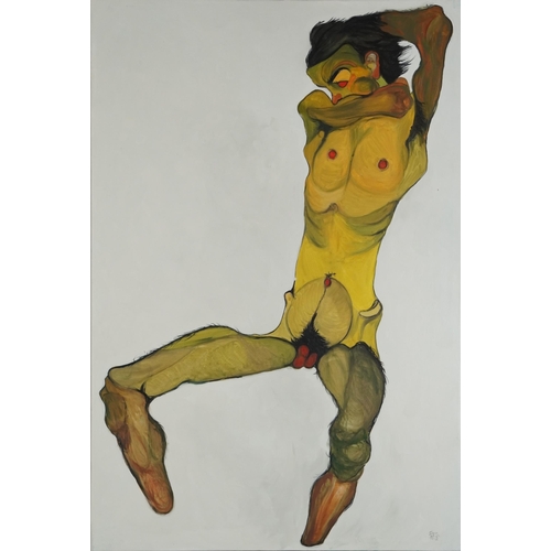 597 - Clive Fredriksson, in the manner of Egon Schiele - Abstract composition, nude male, oil on canvas, u... 