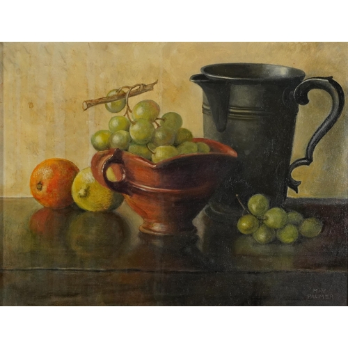 380 - May Palmer - Still life with grapes, oil on board, chalk marks and details verso, mounted and framed... 