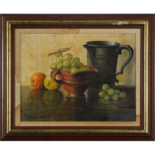 380 - May Palmer - Still life with grapes, oil on board, chalk marks and details verso, mounted and framed... 