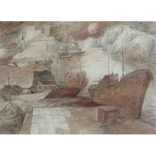 240 - Harbour scene with moored boats, mixed media, indistinctly signed, inscribed verso Ex President, Roy... 