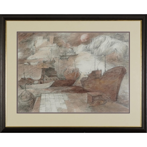 240 - Harbour scene with moored boats, mixed media, indistinctly signed, inscribed verso Ex President, Roy... 