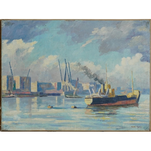 237 - Derek Langton Rogers - River Thames with boats and cranes, Impressionist oil on canvas, inscribed ve... 