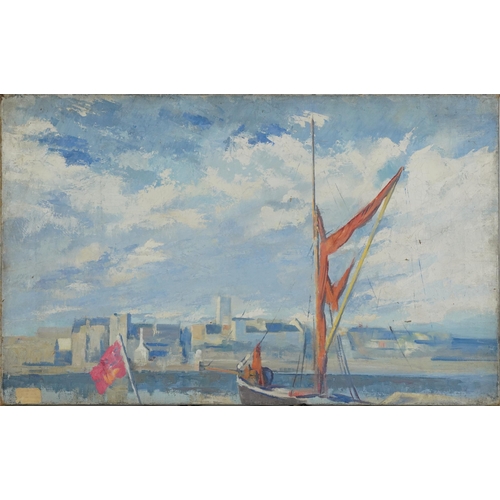 239 - Derek Langton Rogers - Thames barge, Impressionist oil on canvas, inscribed verso, unframed, 61cm x ... 