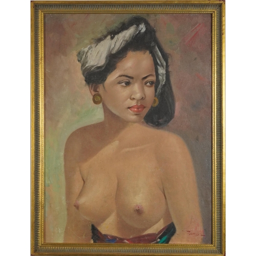 43 - Igor Talwinski - Semi nude portrait of a Burmese female, Polish School oil on board, inscribed verso... 