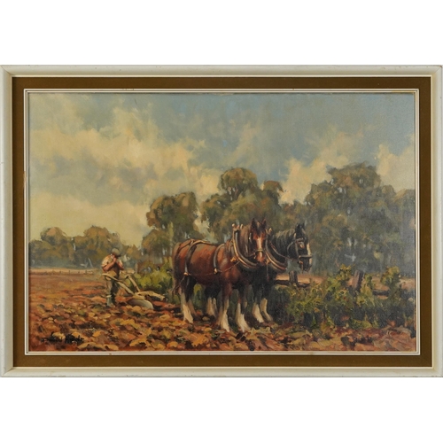 60 - David Hyde - Ploughing scene with workhorses, British oil on canvas, inscribed verso, mounted and fr... 