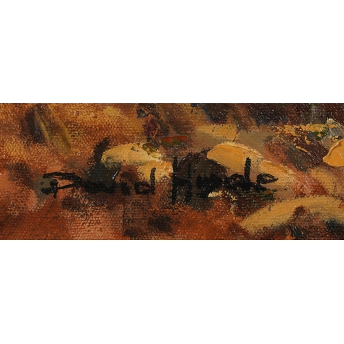 60 - David Hyde - Ploughing scene with workhorses, British oil on canvas, inscribed verso, mounted and fr... 
