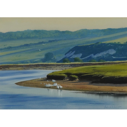 687 - Andrew Dandridge - Early morning by The  Cuckmere, watercolour, details verso, mounted, framed and g... 