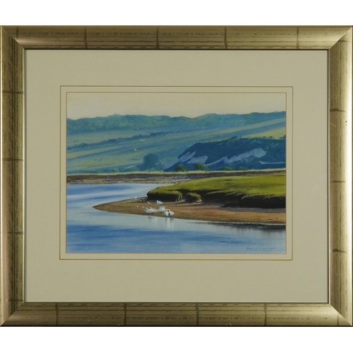 687 - Andrew Dandridge - Early morning by The  Cuckmere, watercolour, details verso, mounted, framed and g... 