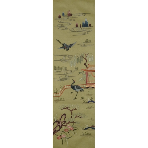 600 - Flowers, pagodas and cranes, Chinese silk embroidery, mounted, framed and glazed, 51cm x 15cm exclud... 