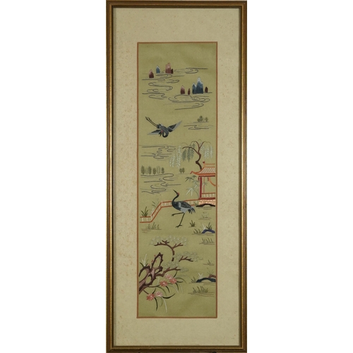 600 - Flowers, pagodas and cranes, Chinese silk embroidery, mounted, framed and glazed, 51cm x 15cm exclud... 