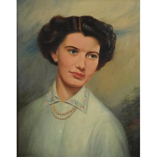 381 - N Barker - Head and shoulders portrait of a female wearing a pearl necklace, oil on canvas board, mo... 