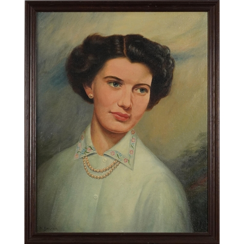 381 - N Barker - Head and shoulders portrait of a female wearing a pearl necklace, oil on canvas board, mo... 