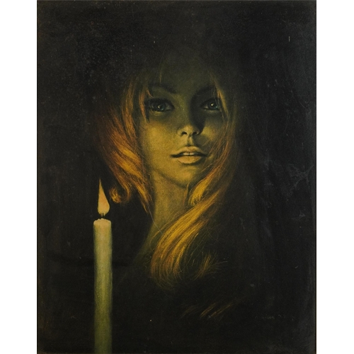 348 - After Stephen Pearson - Girl by candlelight, 1960s print in colour, mounted and framed, 48cm x 38cm ... 