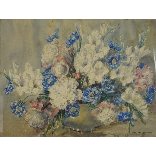 447 - Marion L Broom - Still life flowers in a vase, watercolour, Mealands, Knightsbridge, London label ve... 