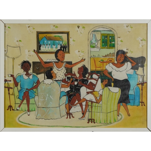 1241 - Females in an interior, African school oil on canvas, framed and glazed, 69cm x 49cm excluding the f... 