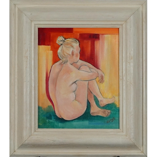 169 - Sarah Aspinall - Seated nude female, oil on canvas, mounted and framed, 23.5cm x 19cm excluding the ... 