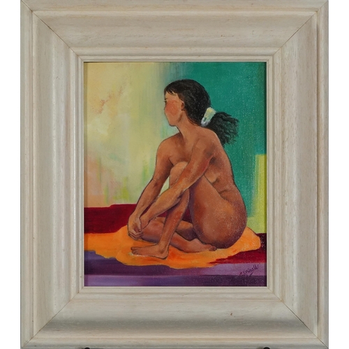 171 - Sarah Aspinall - Seated nude female, oil on canvas, mounted, and framed 23.5cm x 19.5cm, excluding t... 