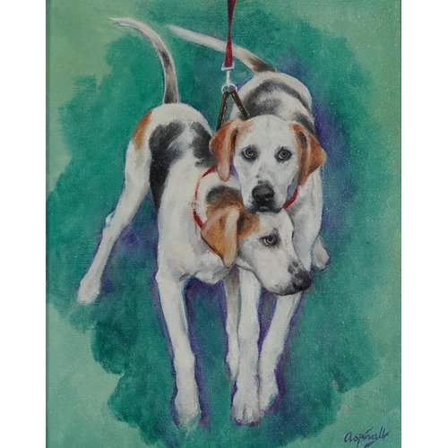 119 - Sarah Aspinall - Coupled Foxhound puppies, oil on canvas, label verso with price of £750, mounted an... 