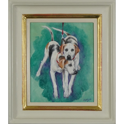 119 - Sarah Aspinall - Coupled Foxhound puppies, oil on canvas, label verso with price of £750, mounted an... 