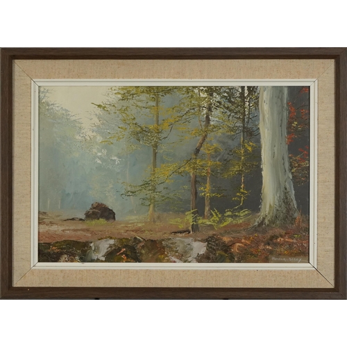 494 - Pamela Derry - Woodland landscape, impasto oil on board, mounted and framed, 43.5cm x 28.5cm excludi... 