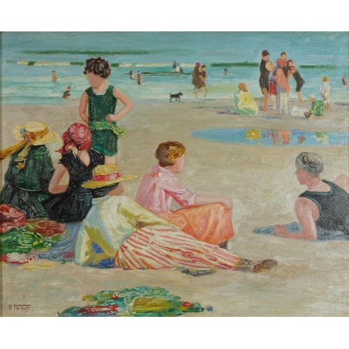 99 - After Edward Henry Potthast - Figures on a beach, Impressionist oil on board, mounted and framed, 49... 