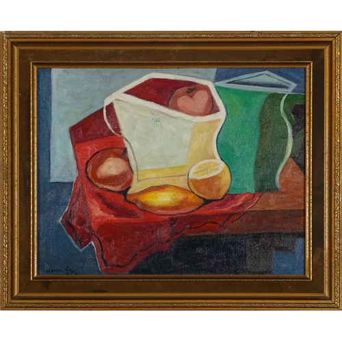 296 - Manner of Juan Gris - Still life vessels, Cubist school oil on board, mounted and framed, 34cm x 26c... 