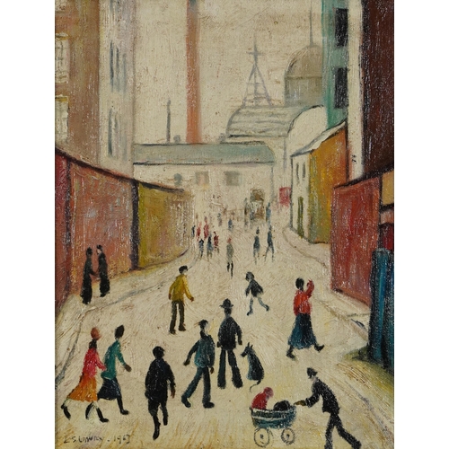 448 - Manner of Laurence Stephen Lowry - Street scene with figures walking about, Manchester school oil on... 