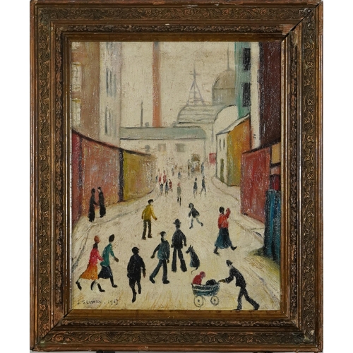 448 - Manner of Laurence Stephen Lowry - Street scene with figures walking about, Manchester school oil on... 