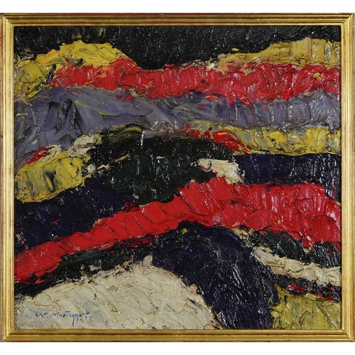 1373 - Abstract composition, impasto oil on board, label verso, framed, 39cm x 36cm excluding the frame