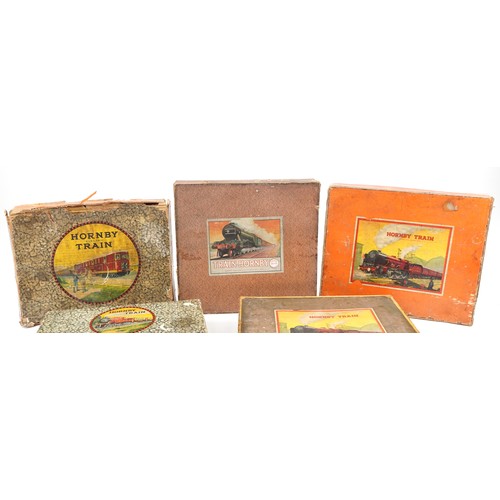 1463 - Five vintage Hornby O gauge model railway boxes including No 3C Royal Scot Passenger set and E320 Co... 