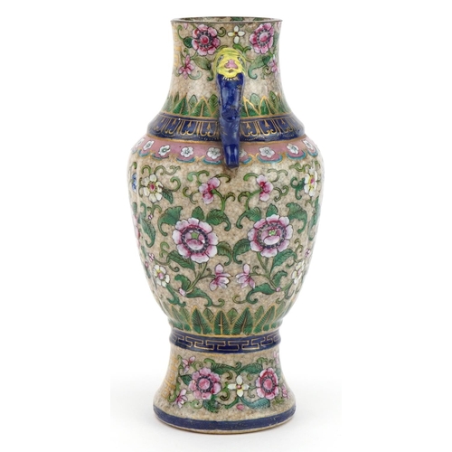 53 - Chinese porcelain vase with animalia twin handles hand painted in the famille rose palette with flow... 