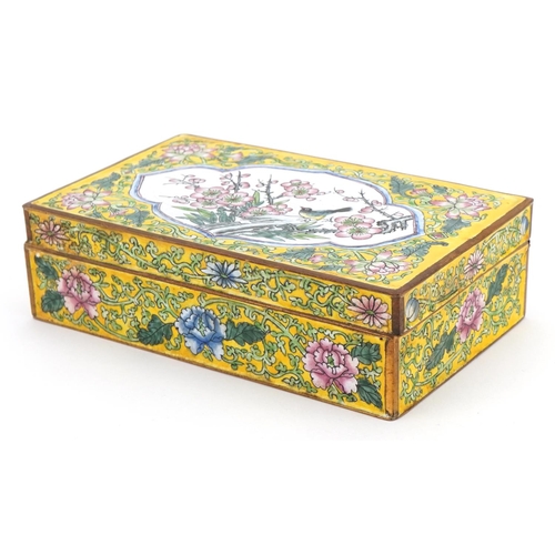55 - Chinese Canton enamel box hand painted with a bird amongst flowers, 4.5cm H x 16cm W x 9.5cm D