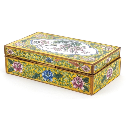 55 - Chinese Canton enamel box hand painted with a bird amongst flowers, 4.5cm H x 16cm W x 9.5cm D