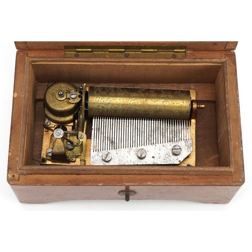 165 - Swiss inlaid mahogany music box with 2.5 inch brass cylinder playing three tunes, 7cm H x 13.5cm W x... 